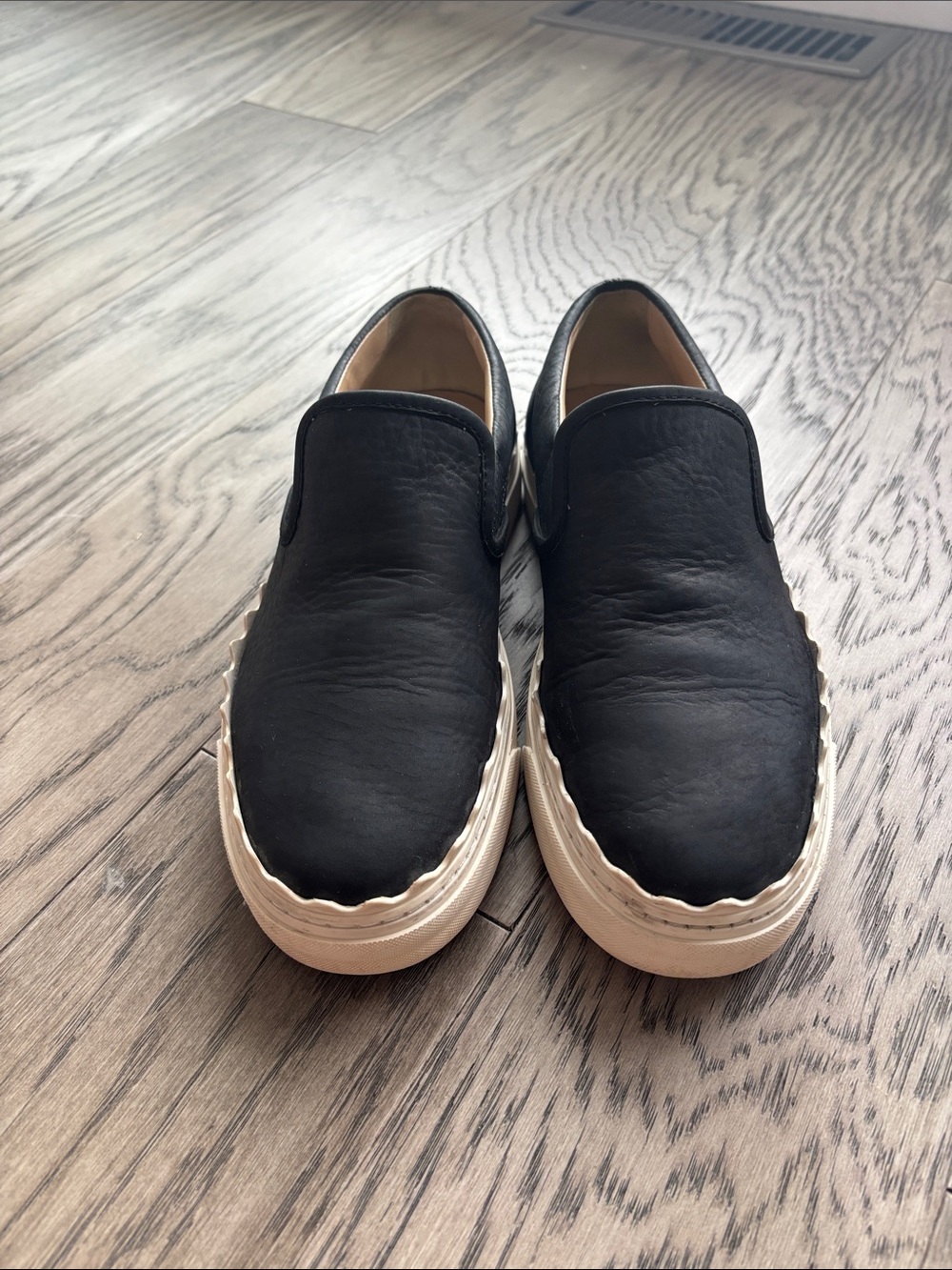Chloe Black Leather Slip-On Loafers with Cream Sole